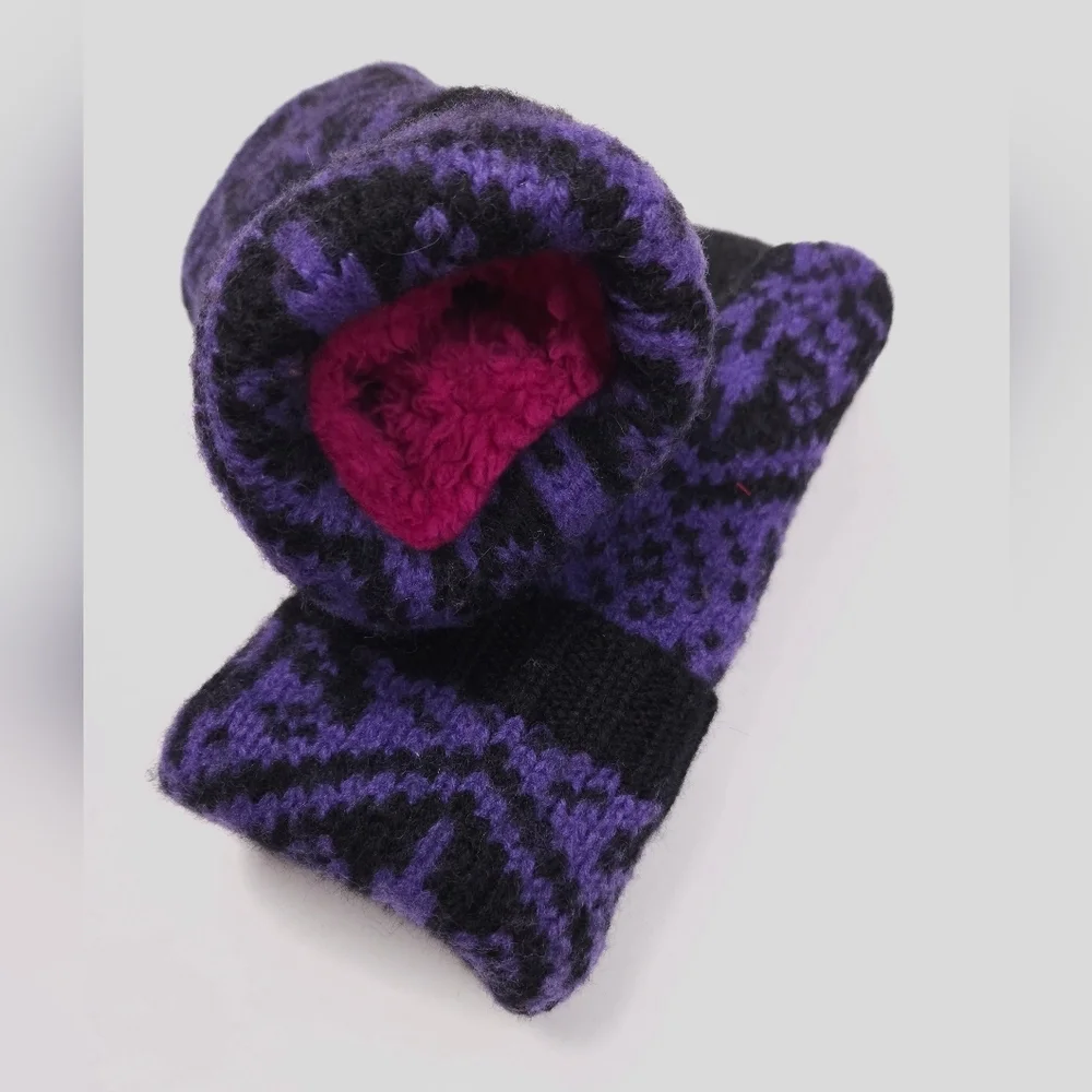 Upcycled Wool Black Purple Sweater Mittens Sherpa Fleece Lined NEW Adult M/L